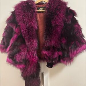 Luxurious Fox Fur Jacket in Vibrant Pink and Black